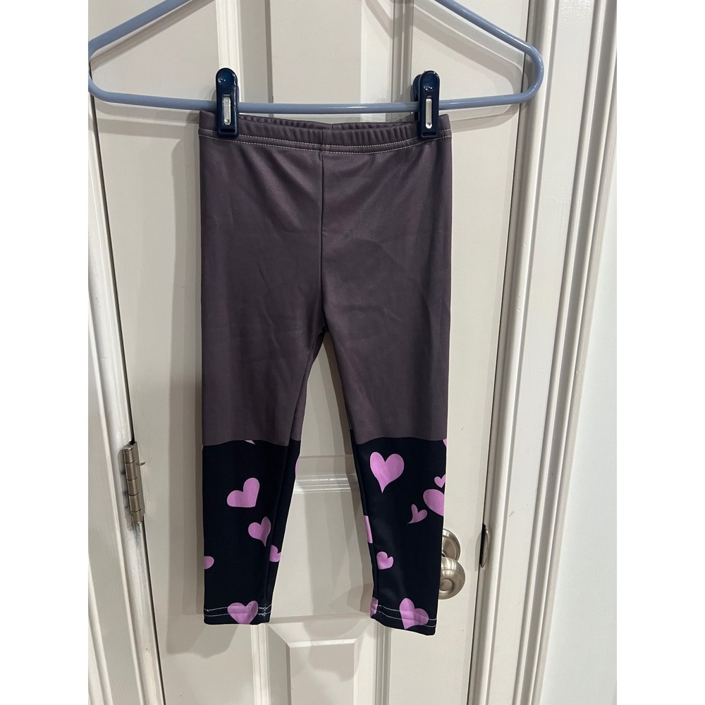 Shein Kids Girls Heart Print Colorblock Leggings Grey Black Pink Size 4Y